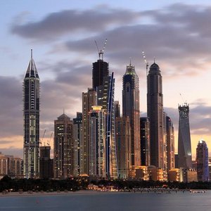 dubai marina apartment buildings at sunset