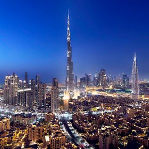 downtown dubai at night with burj khalifa