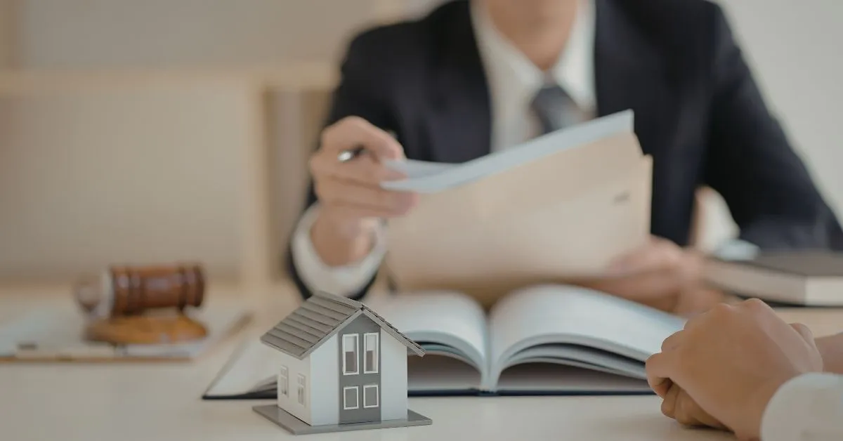 A man is signing paperwork beside a house model, symbolizing a property agreement or purchase.