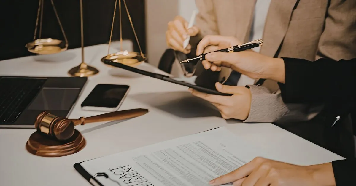 Contract papers, gavel, and a phone set on a table