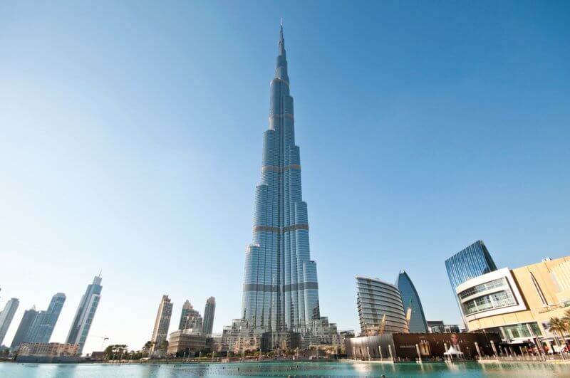 The Burj Khalifa soars 828 metres high, with its modern, yet Islamic-inspired design. 
