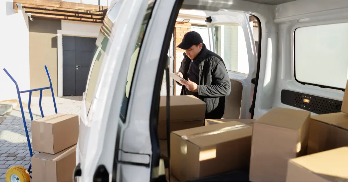 Courier delivering moving boxes