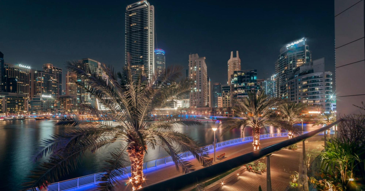 Luxury apartment balcony overlooking the Dubai skyline