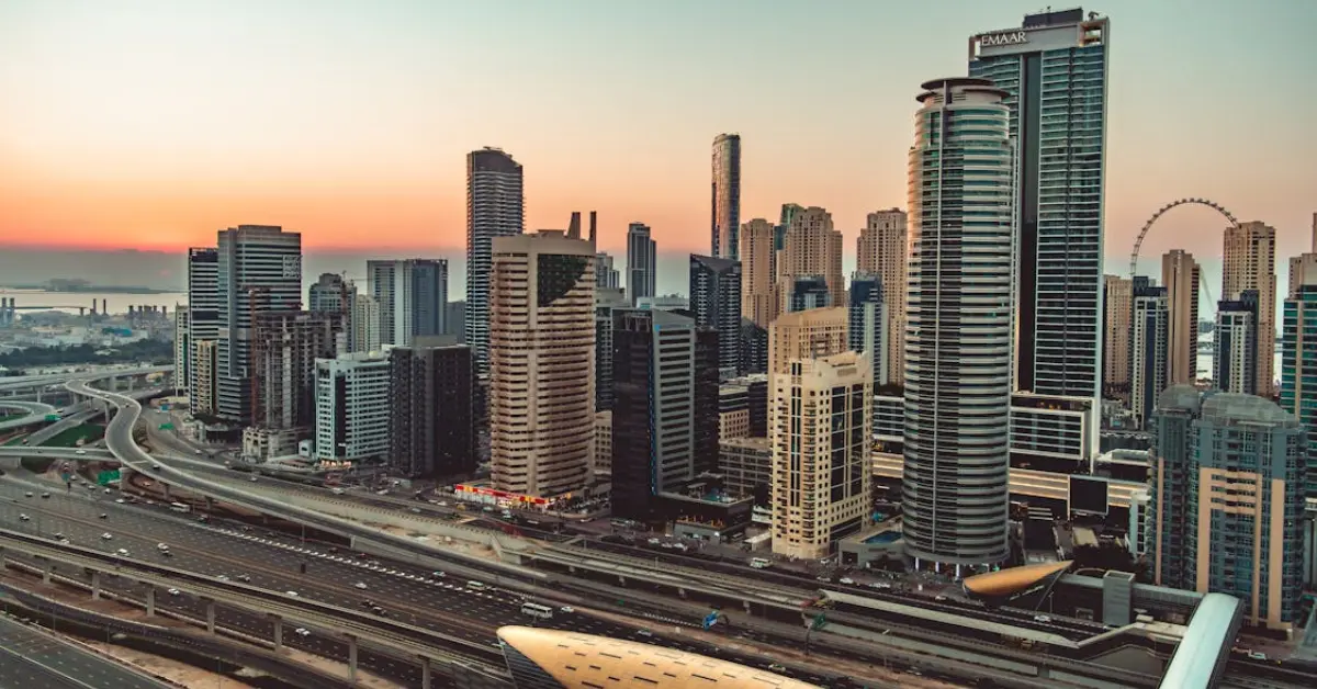 Dubai Marina Skyline at Sunset with Modern Skyscrapers