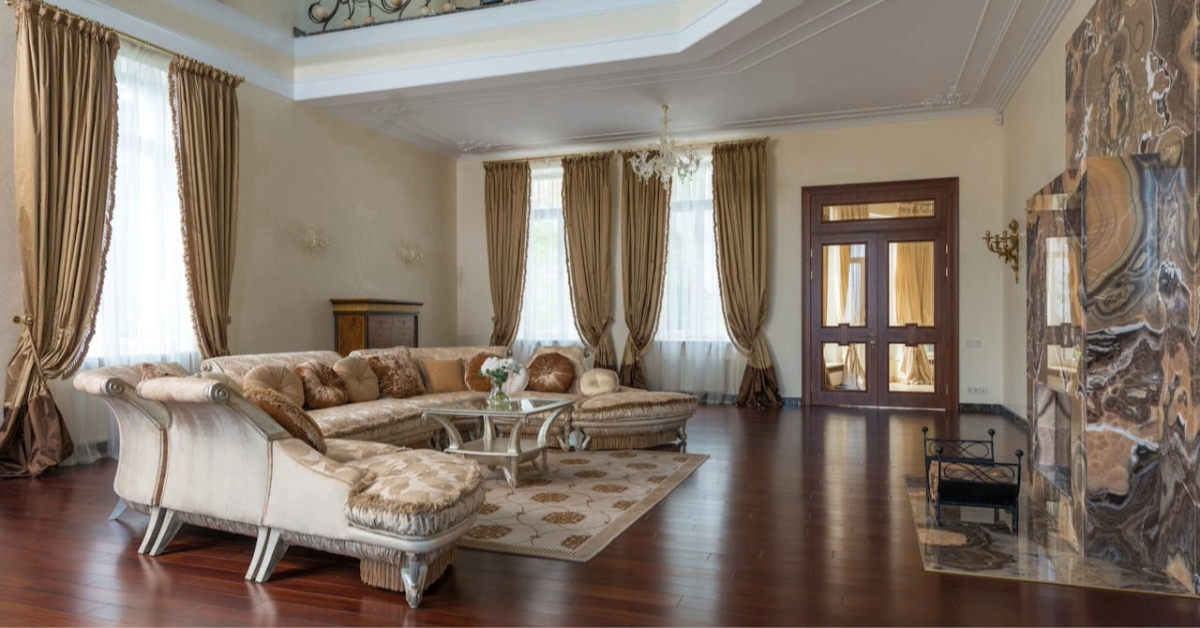 Elegant villa interior design with a large open living space and classic décor