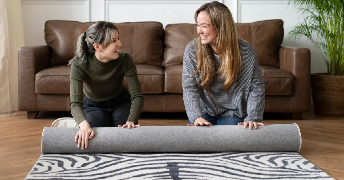 Friends unrolling their new printed carpet