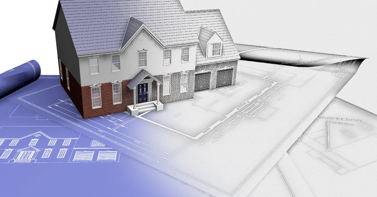 منزل ثلاثي الأبعاد فوق مخططات هندسية زرقاء