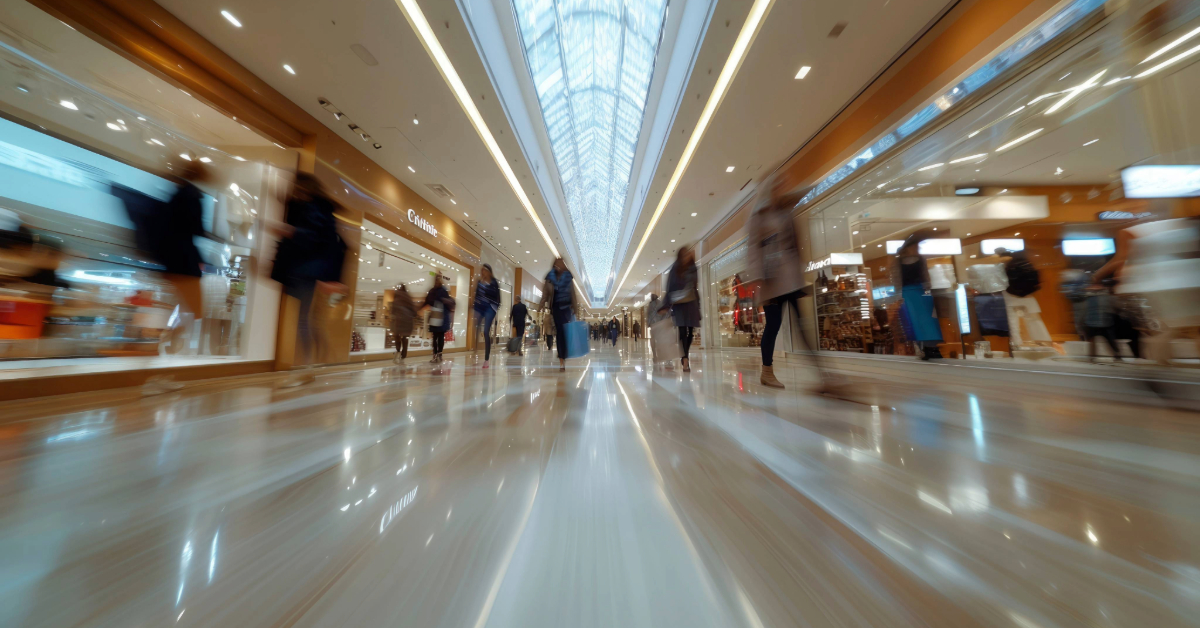 An aesthetic interior shot of the mall with people walking past