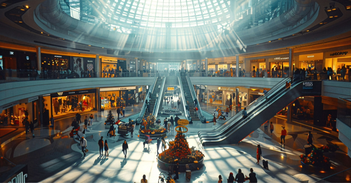 A crowded mall with natural light streaming in from above