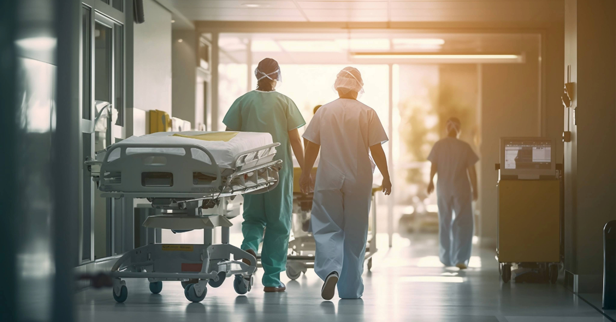 Many nurses walking through the hospital in uniform