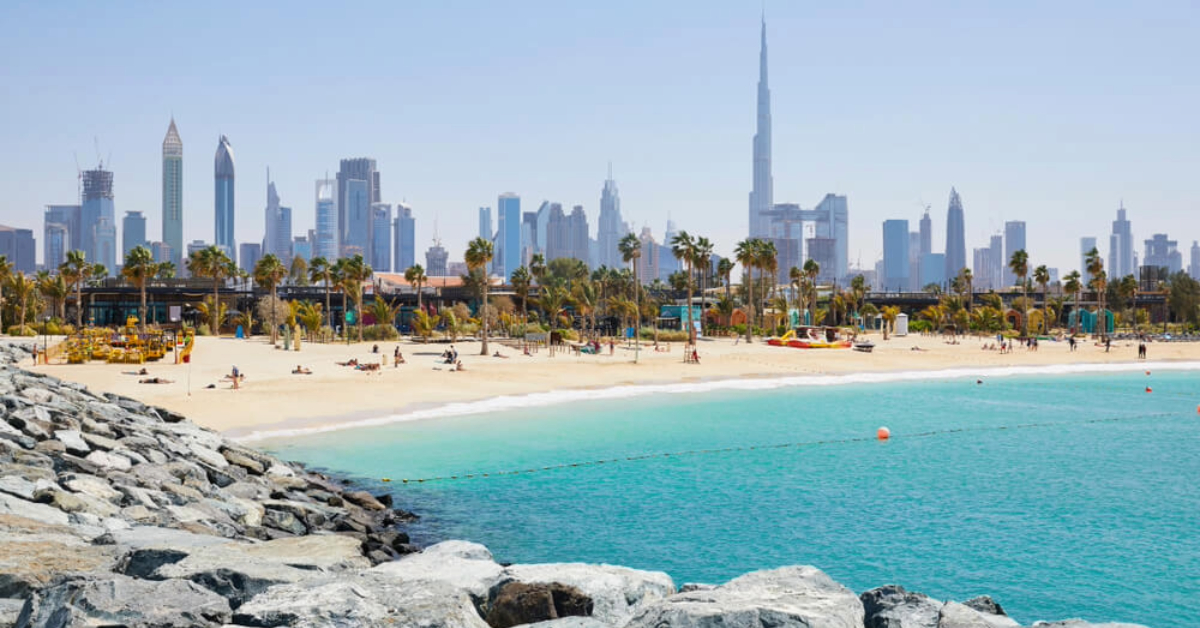 Aerial view of the colorful La Mer Beach, Dubai coastline