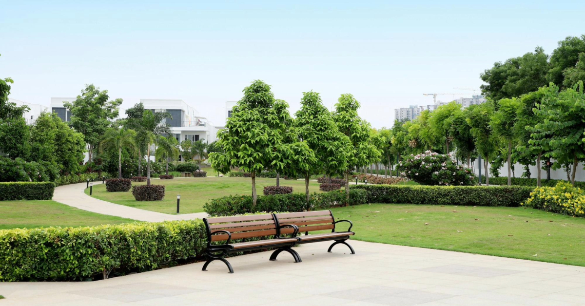 A serene urban park featuring lush greenery, benches, and a winding pathway under a clear blue sky