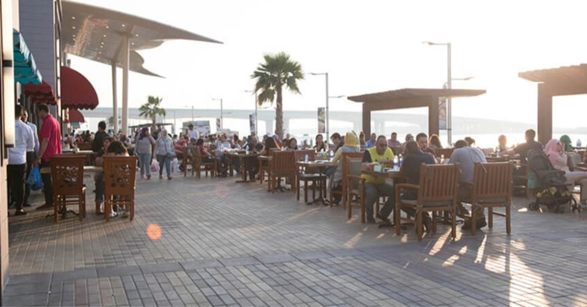 Outdoor waterfront dining promenade at Deira Waterfront Market