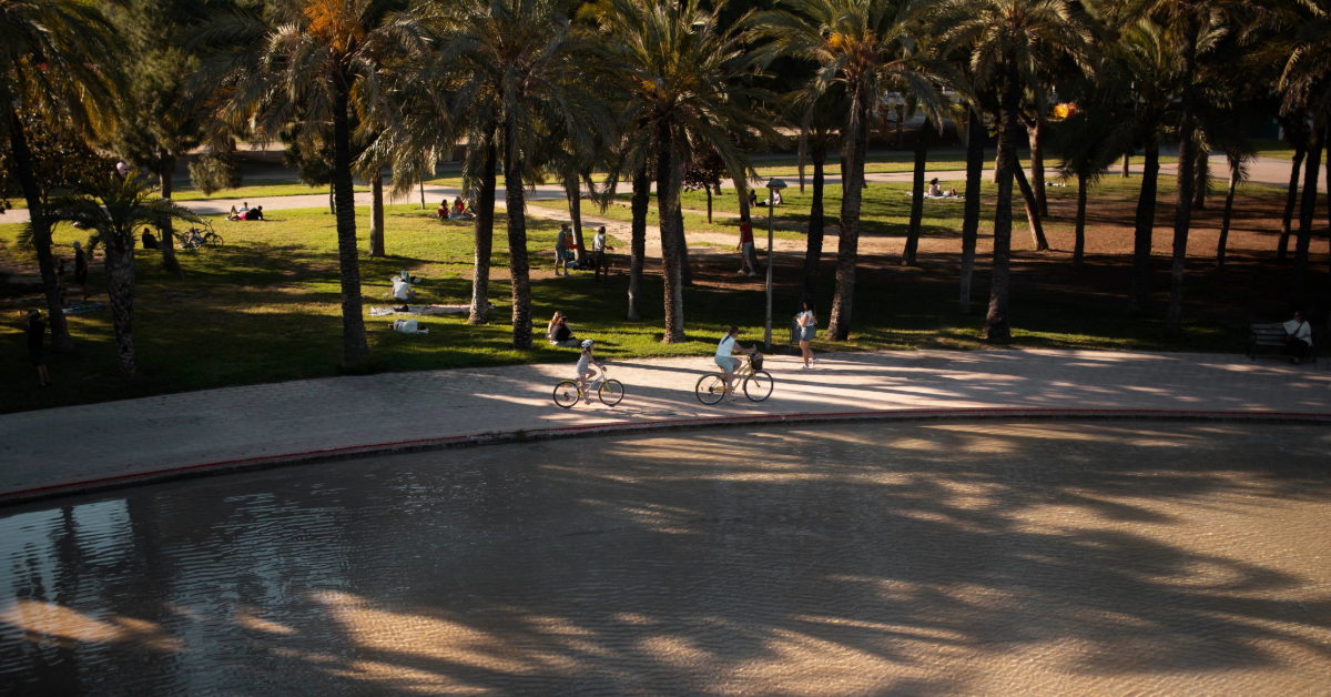 People cycling and sitting in the shade of trees in Al Nahda Park in Sharjah