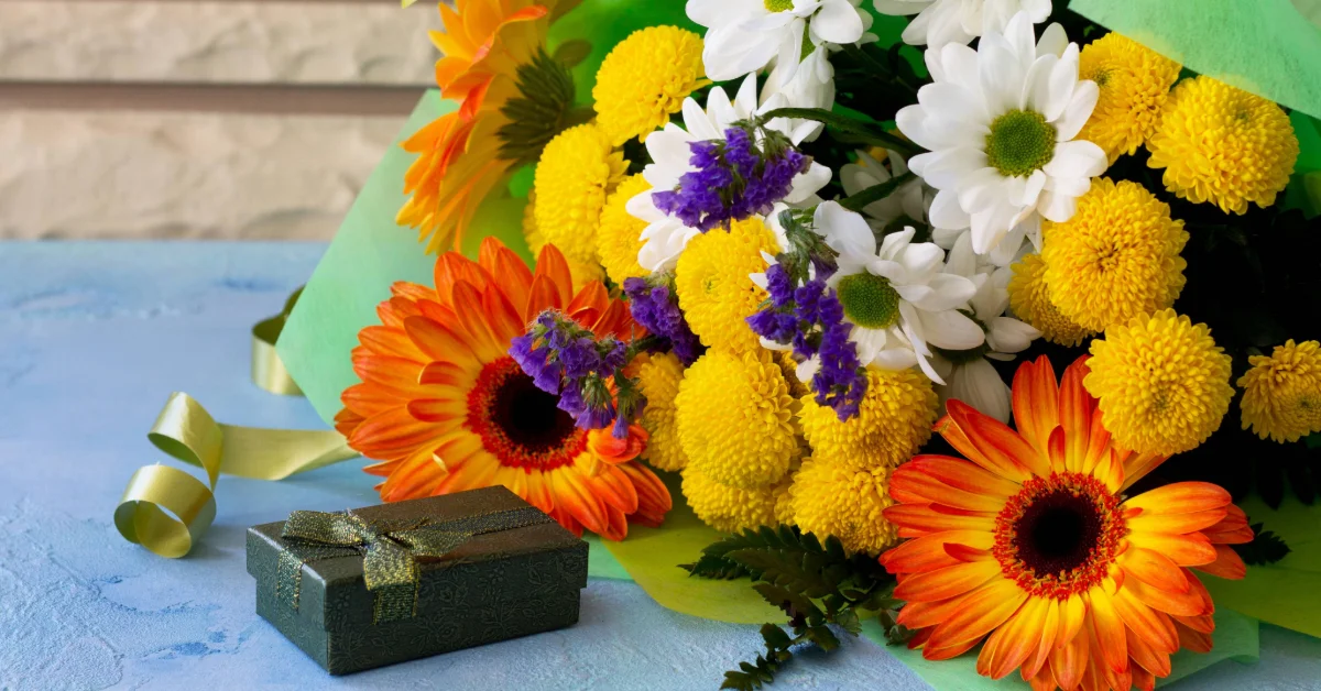 Basket bouquet of gerbera and chrysanthemums