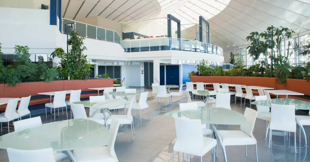 mall food court with dining tables