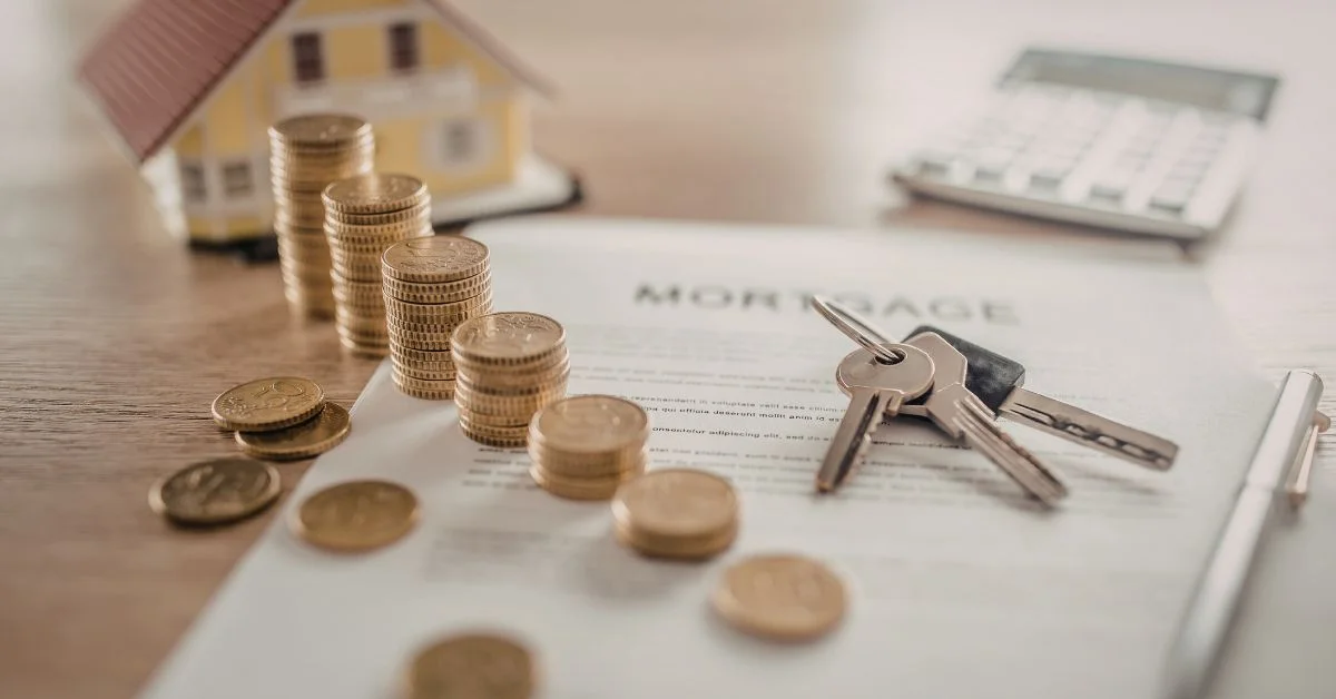 Coins stacked in a line and place on a mortgage paperwork with a calculator and keys nearby