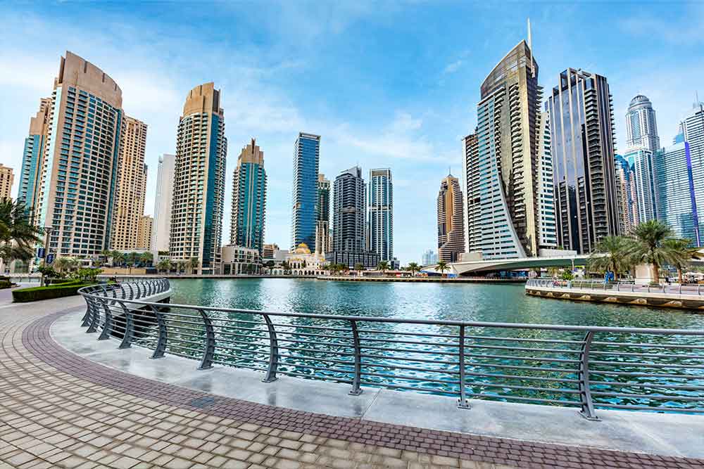 Cluster of waterfront apartment buildings in Jumeirah Lake Towers