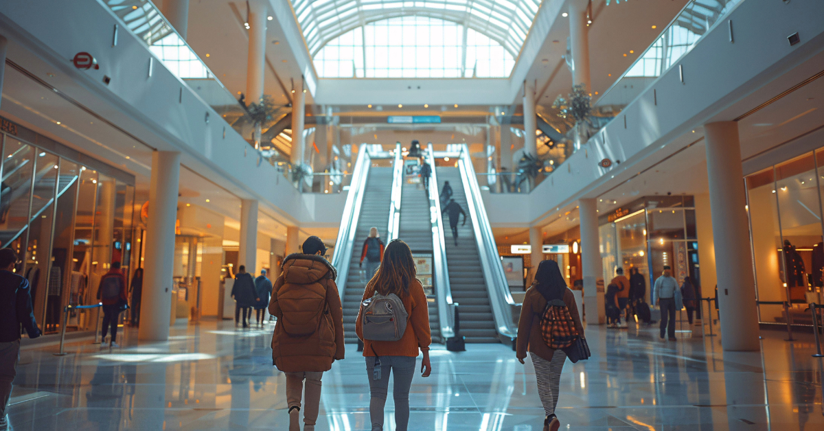An indoor view of a shopping mall during the day with natural light streaming in