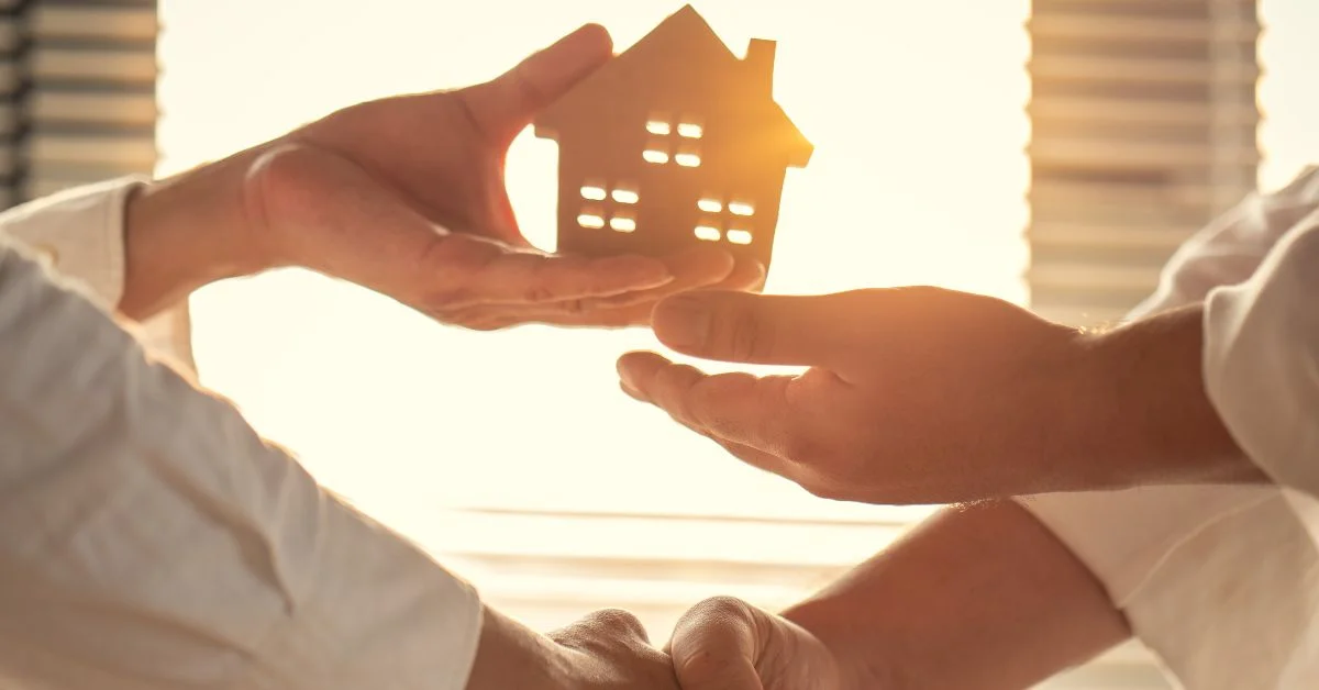 two people shaking hand and exchanging property mockup