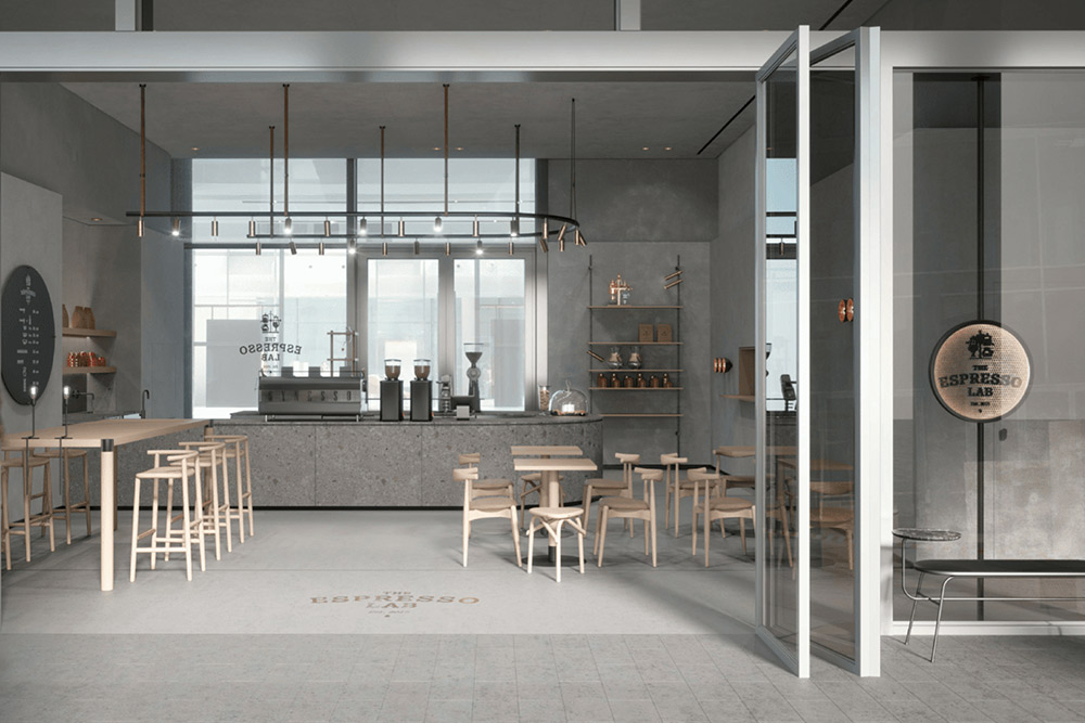 Entrance of a white and grey coffee shop