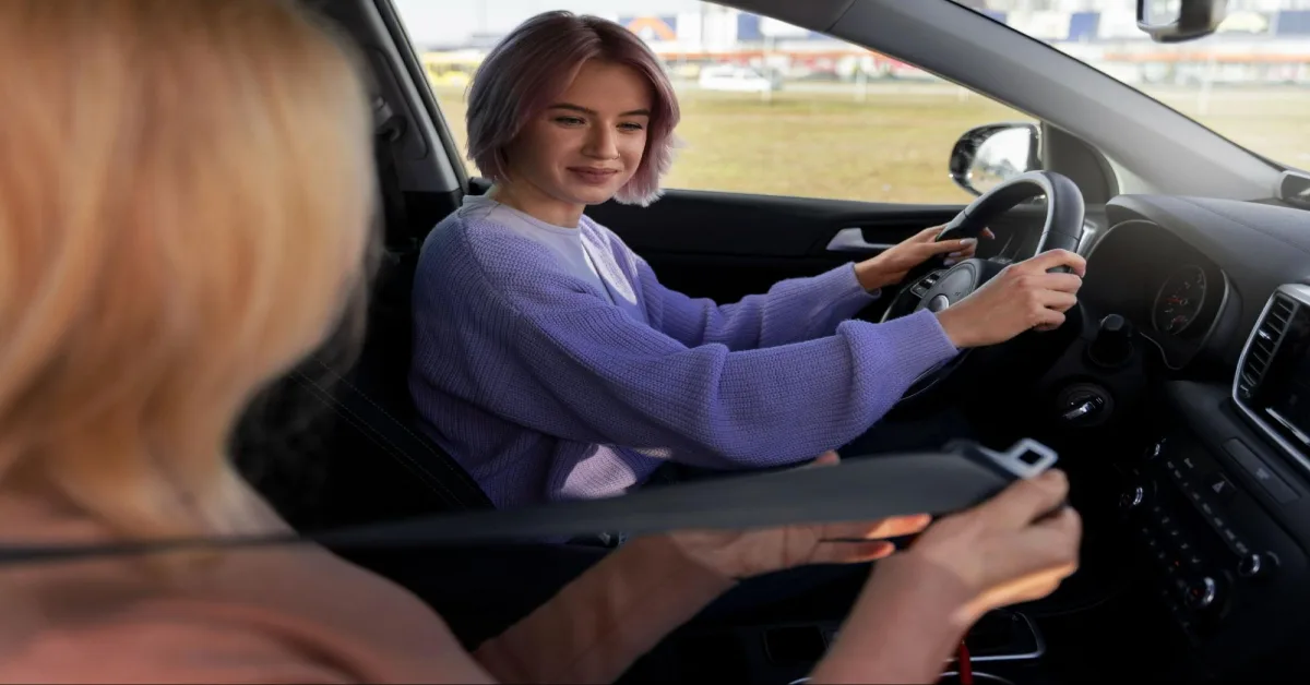 A woman taking her driving test while ensuring the passenger has fastened their seat belt.