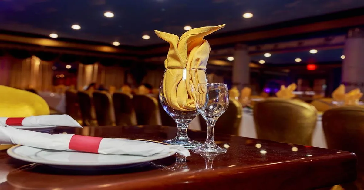 dishes and glasses on table in a restaurant