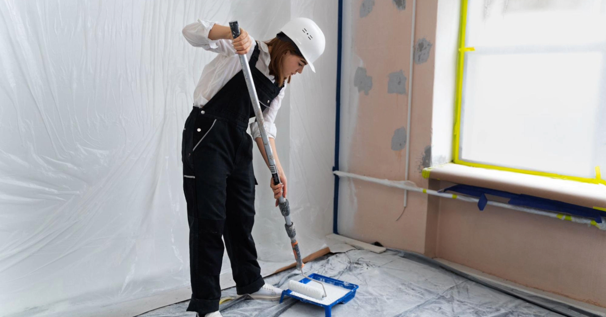 Painting a house with a paint roller