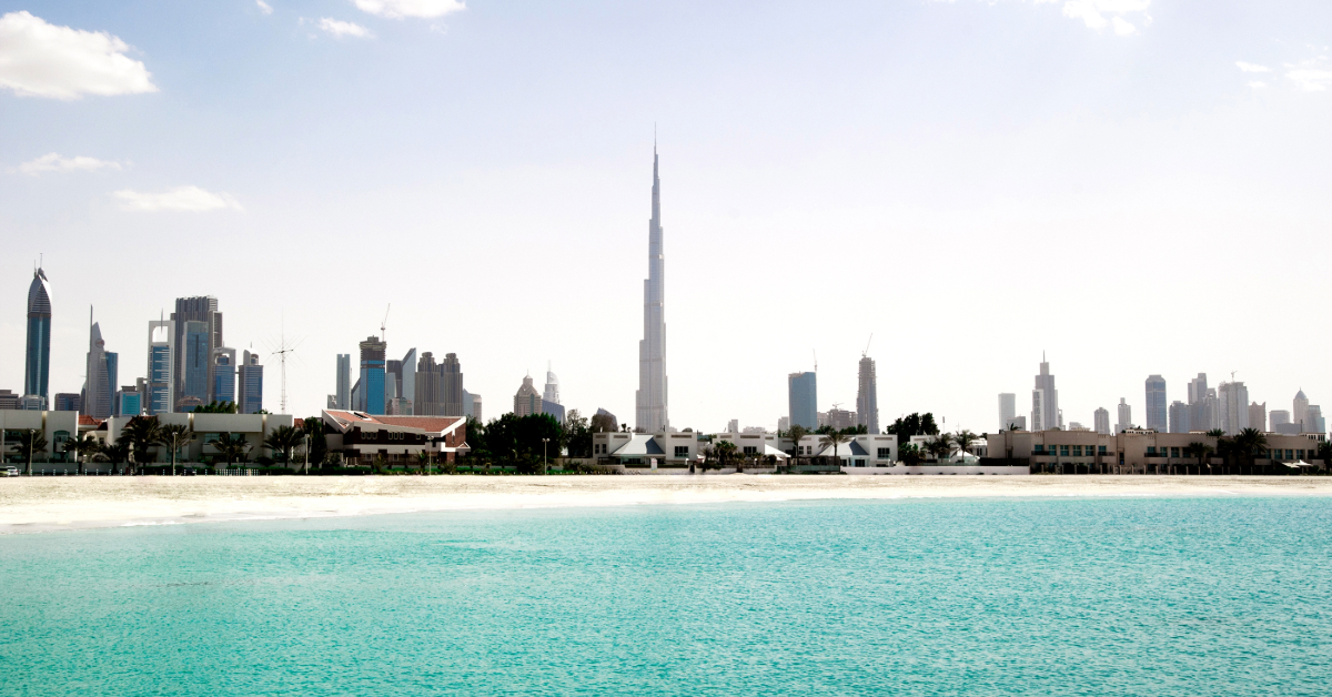 Beach in Dubai with burj khalifa in the background