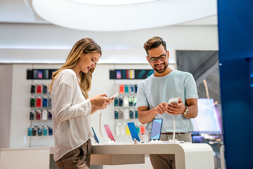 shopping new smartphones in a store