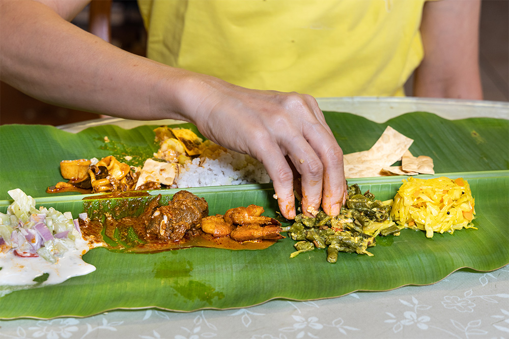 South Indian food on a banana leaf 