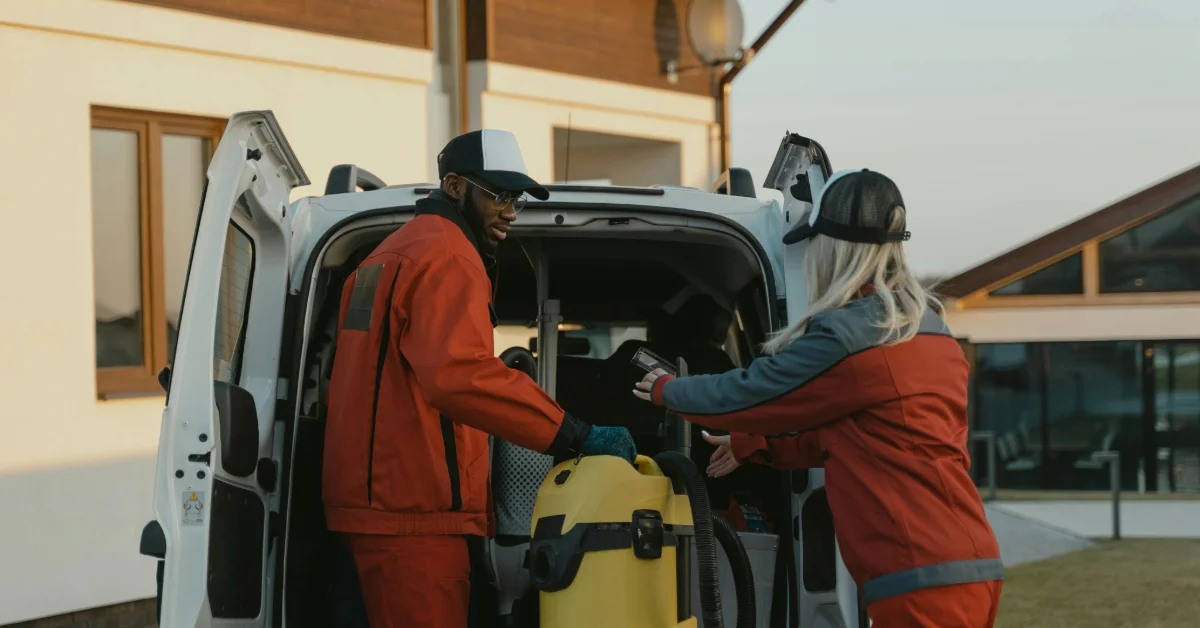 Facility management team packing a vacuum