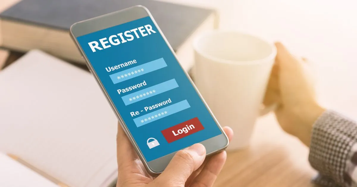 A hand holding a mobile phone with the screen showing registration steps