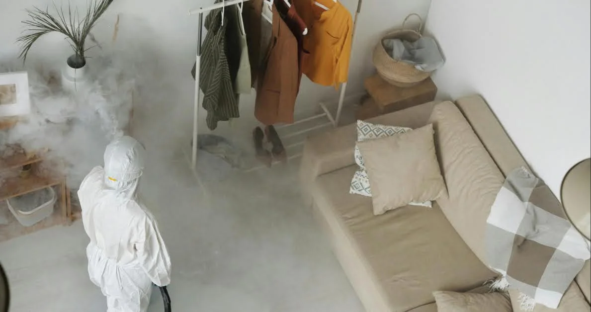 فني مكافحة حشرات يقوم برش الغرفة بالمبيدات الحشرات