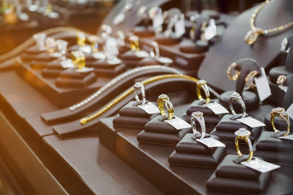 Diamond and gold jewellery in a display 