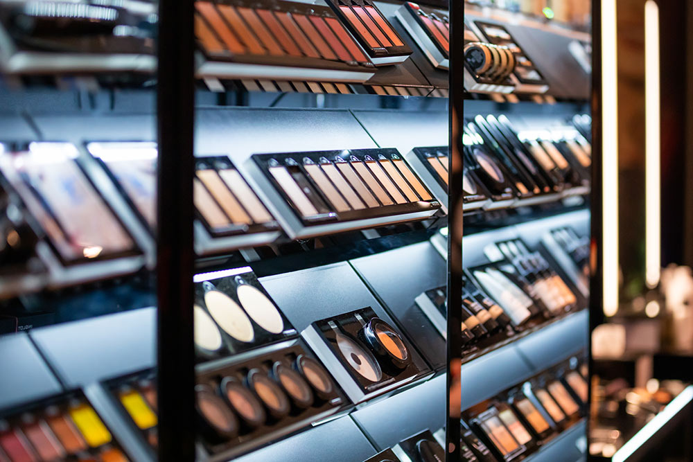 makeup displayed on shelves