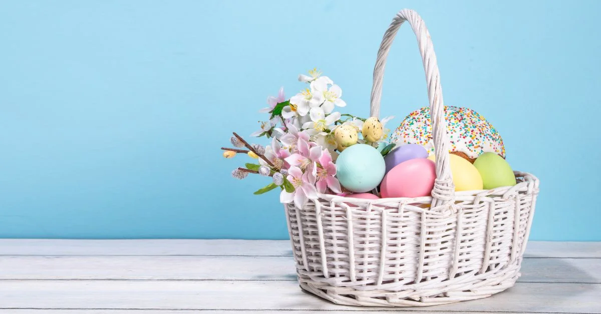 A basket filled with pastel Easter eggs 