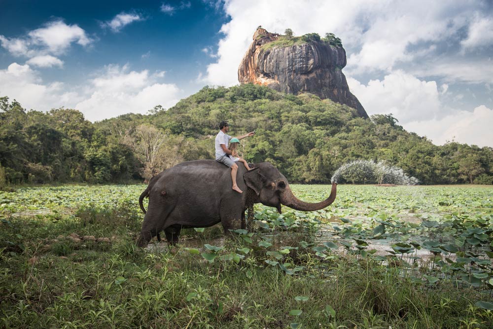 A family enjoying an elephant ride with a backdrop of Sigiriya (