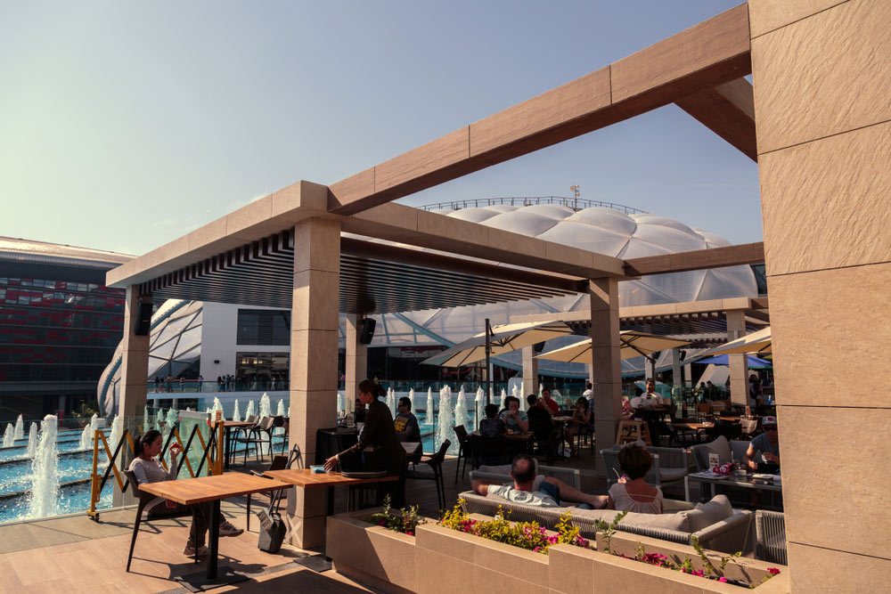Outdoor seating in a restaurant in Ferrari World 