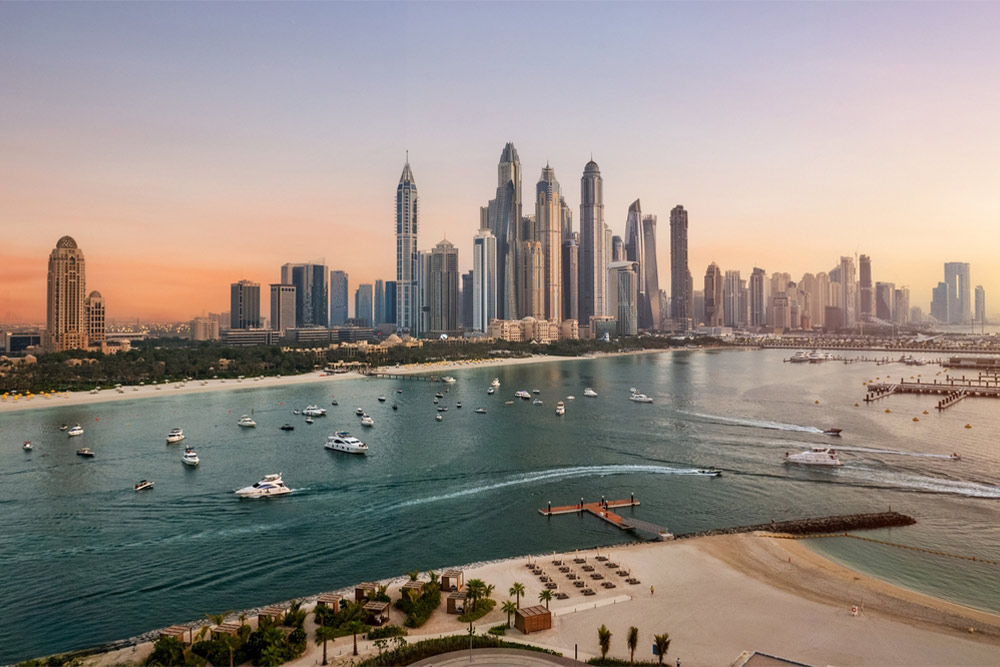 Buildings in Palm Jumeirah offer views of the Dubai Marina