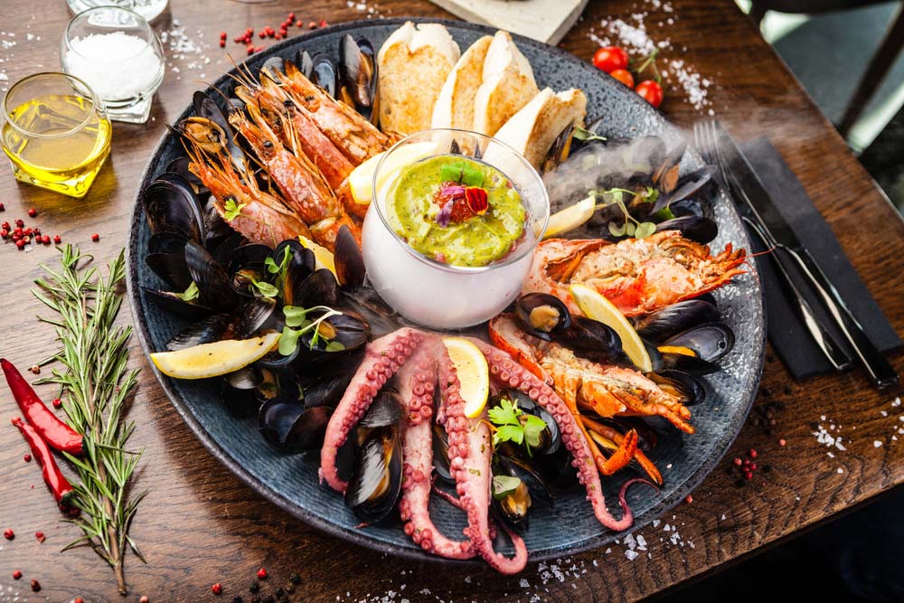Seafood platter with different dishes