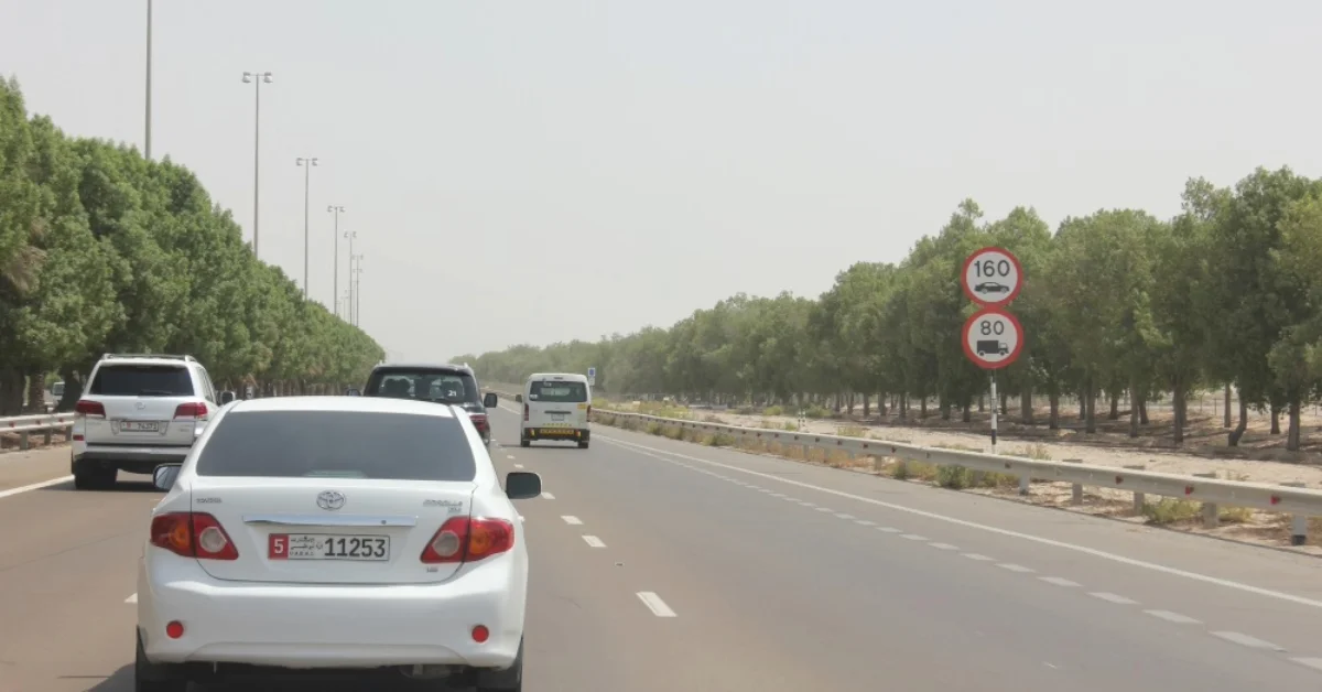 Cars on an Abu Dhabi highway with a maximum speed limit of 160 km/h