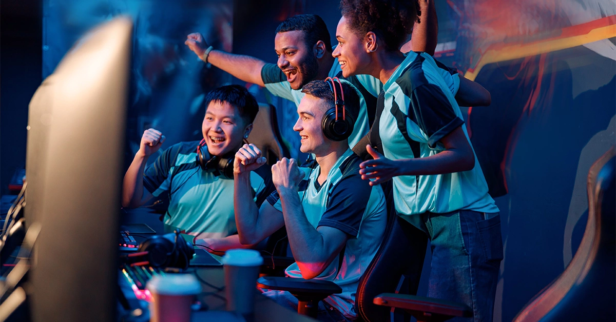 Gamers playing games in an e-Sports Island