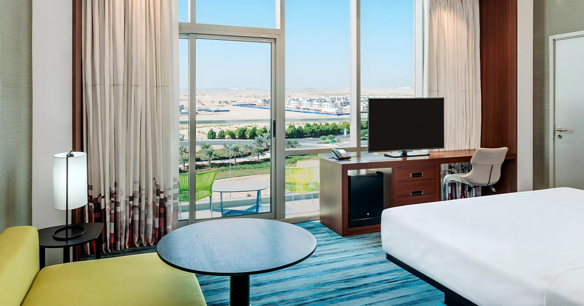 View from the Aloft Dubai South hotel’s room 