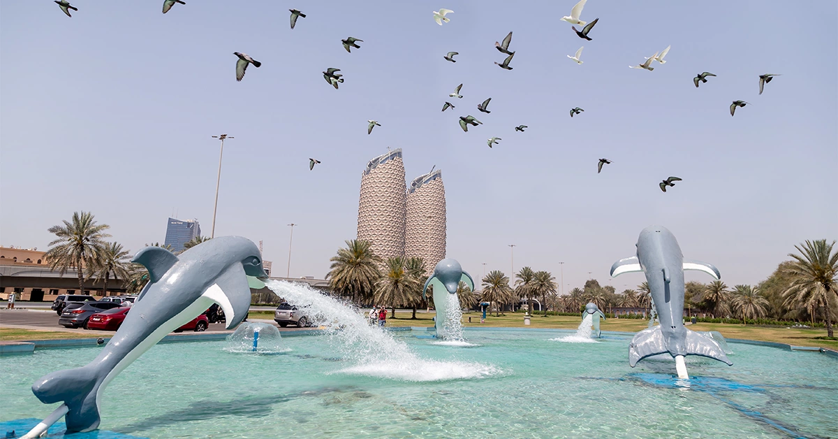 Dolphin sculptures in Dolphin Park in Abu Dhabi  