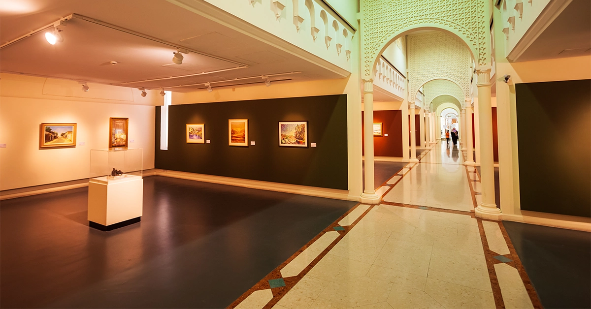 Art pieces displayed inside the Sharjah Art Museum