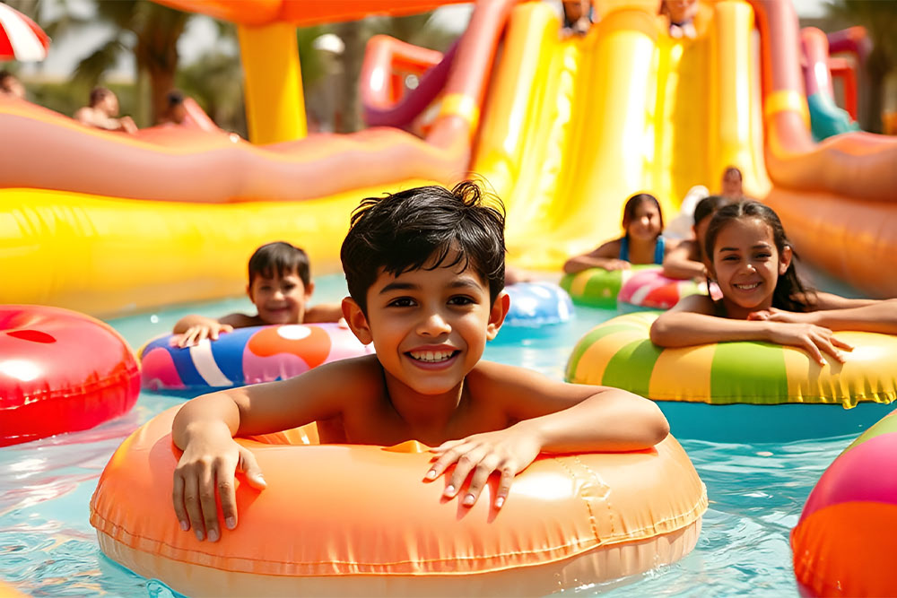 Children Enjoying an Inflatable Aqua Park