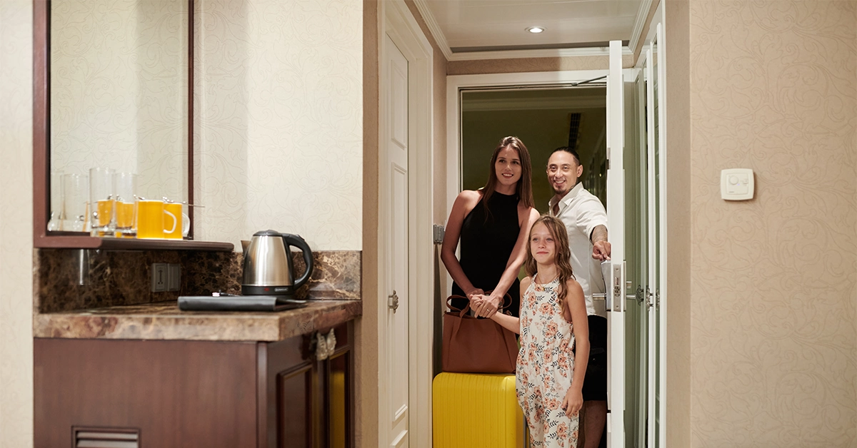 A family setting in a hotel room in Dubai Production City