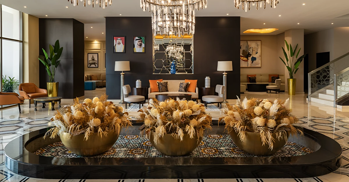 View of luxurious hotel hallway
