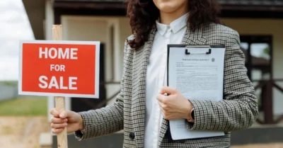 Close-up of a woman holding a home for sale sign